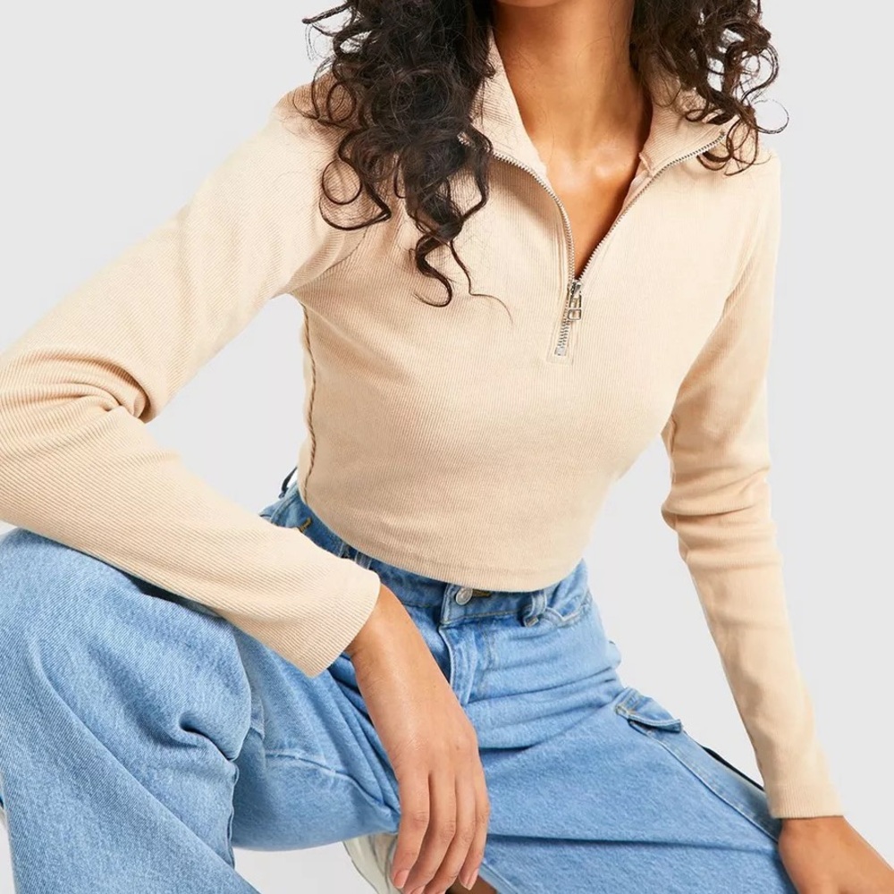 Boohoo Cream Zip-Up Ribbed Long Sleeve Top